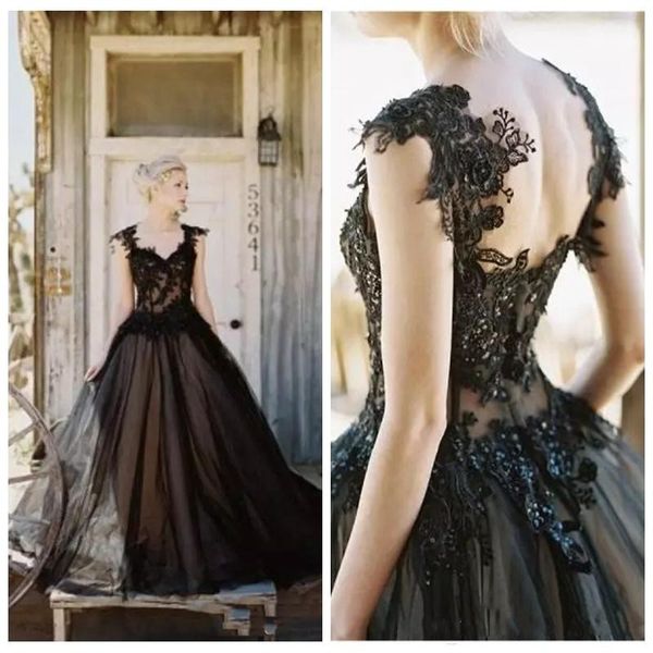 

2019 vintage elegant black tulle lace applique gothic a line wedding dre e gothic beaded backle long bridal gown cu tom m87