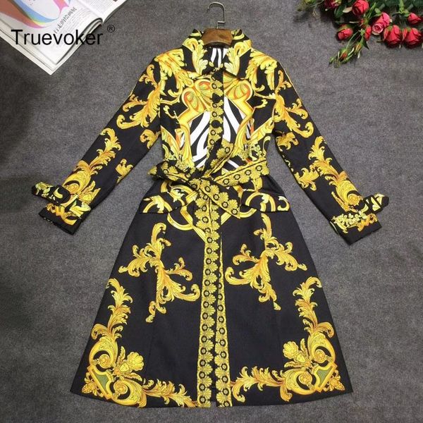 

truevoker autumn designer trench coat women's elegant full sleeve luxury gold baroque printed tied waist overcoat, Tan;black