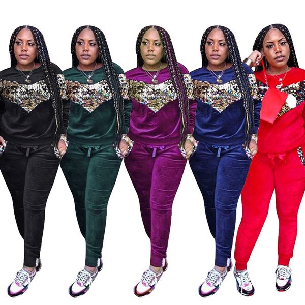 

Fall Winter Women Velvet Sequins Jogger Sport Suit Tracksuits Pullovers Sweatshirts Casual Sportwear Long Sleeve Tops Pants Set