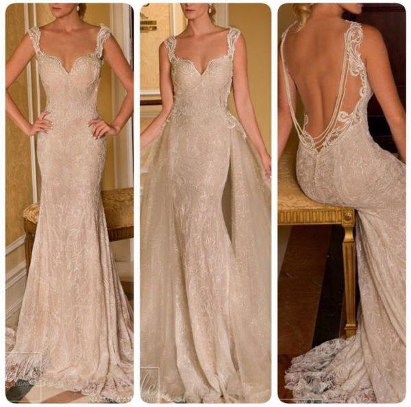 2022 Sexy Bling Relds Backless Rermaid Свадебное платье с съемным поездом Шампанское Кружевому аппликации Бисероплетенные свадебные формальные платья знаменитостей