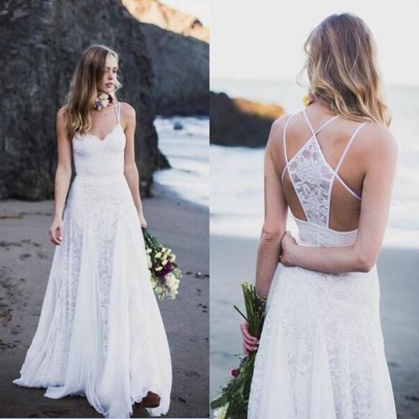 

2019 new style beach wedding dresses spaghetti straps criss cross back romantic lace boho bohemian a-line bridal gowns high quality, White