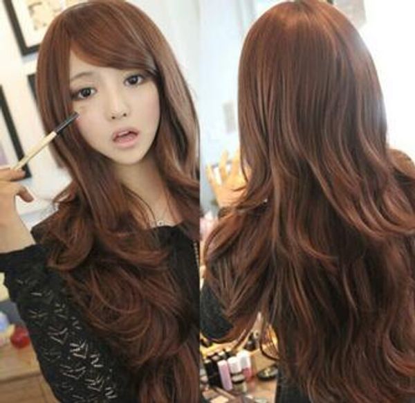 

beautiful brown wavy woman's natural hair wig long brown fashion wigs, Black;brown