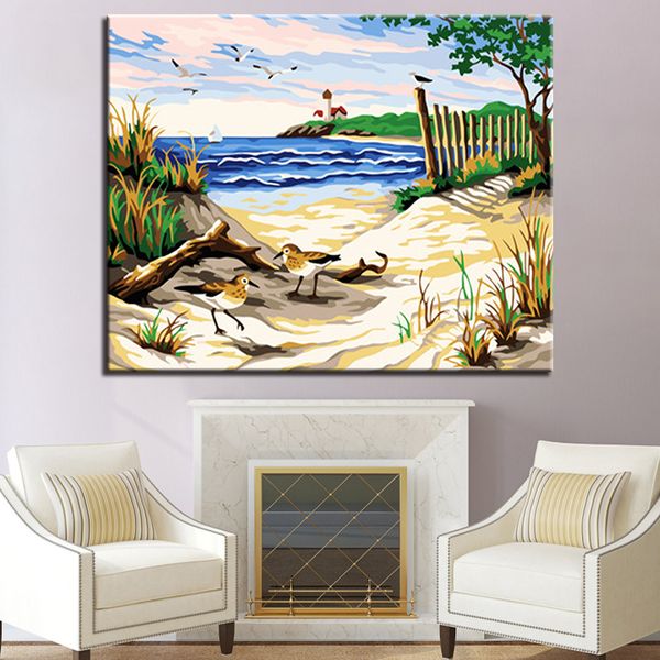 Acheter Mer Beau Paysage Peinture Diy Par Numéros Kits Coloriage Plage Huile Photos Acrylique Main Peinture Sur Toile Décor à La Maison Cadre De