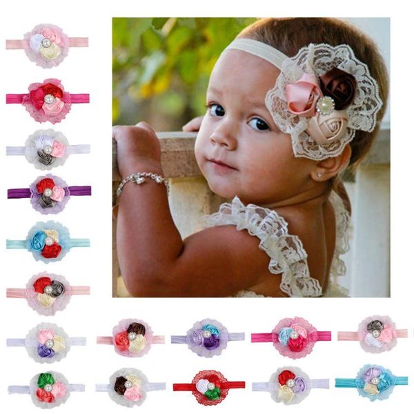 

17 colors europe babies girls flowers lace hair bands headband kids elastic headwear children baby princess headwraps hair accessory, Slivery;white