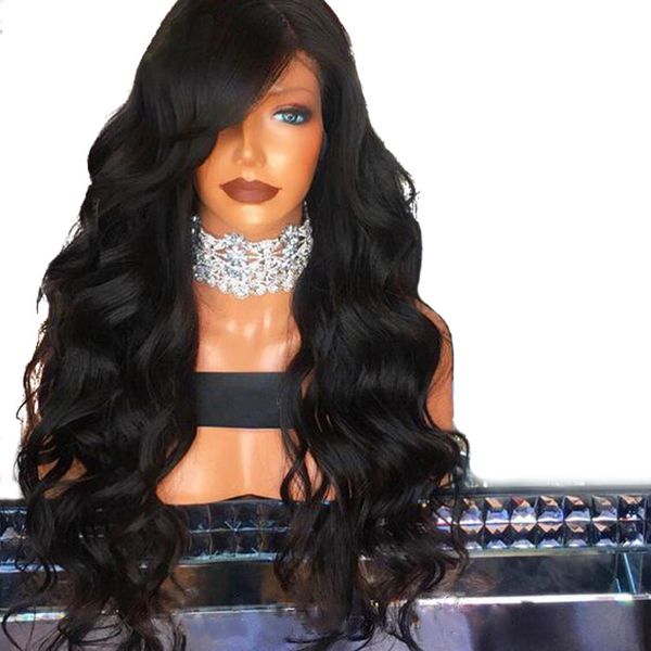 

180% density natural black lace front wigs synthetic with baby hair heat resistant brazilian wigs with bangs for black women