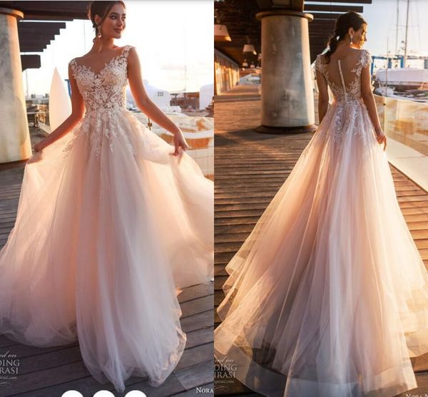 

elegant lace appliques a line wedding dresses sheer scoop neck tulle covered button tulle long wedding gowns, White