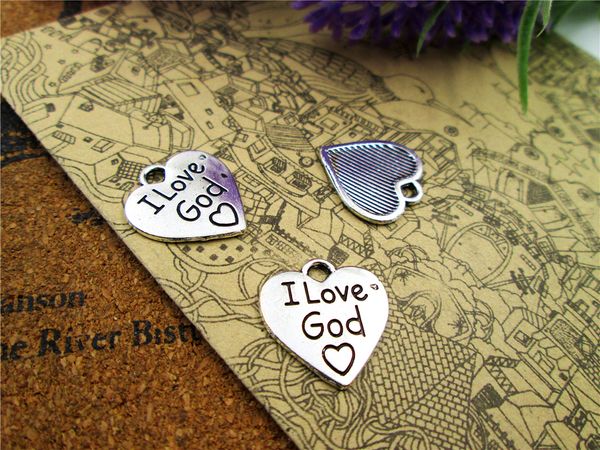 

90pcs--heart charms, antique silver i love god charm pendants 17x17mm, Bronze;silver
