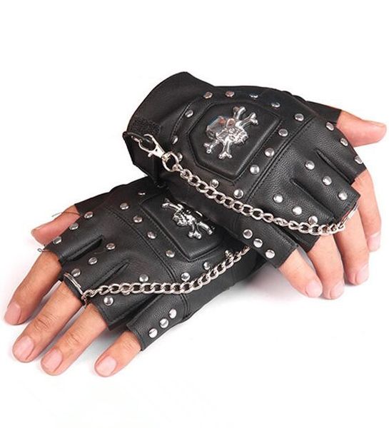 

mens semi-finger gloves hip-hop skull gloves personality punk leather chain mens fingerless rivet glove, Blue;gray