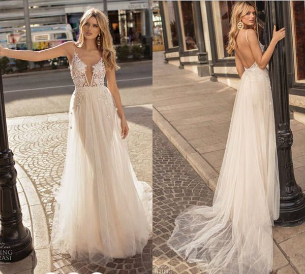 

2019 muse by berta boho wedding dresses spaghetti lace applique backless bohemian bridal dress sweep train beach wedding gowns, White