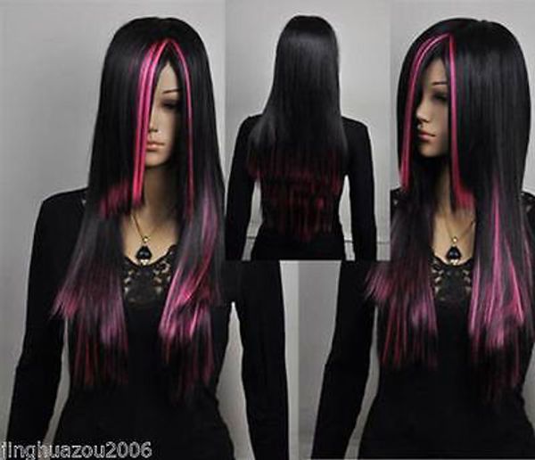 

new pink red black mixed long straight cosplay wig
