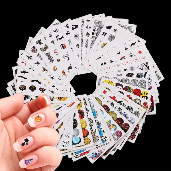 

48pcs/set diy halloween ghost pumpkin castle skull nail art water transfer sticker manicure decor tools, Black