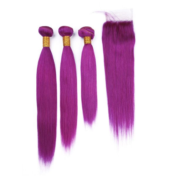 Peruvian Purple Human Hair Wefts With Closure Silky Straight