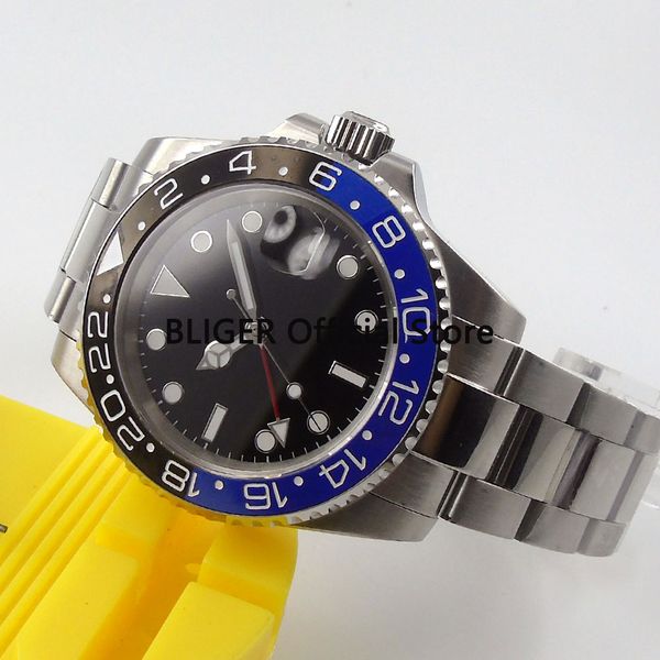 

sapphire glass 40mm bliger men's watch blue black ceramic bezel luminous marks gmt function automatic movement mens watch p457, Slivery;brown