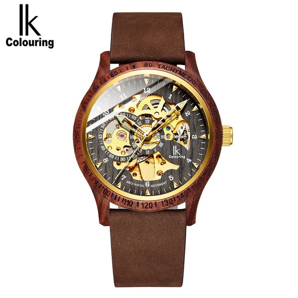 

ik colouring 2018 men watch luxury golden skeleton mechanical movt wooden case leather strap auto male wristwatch drop shipping, Slivery;brown
