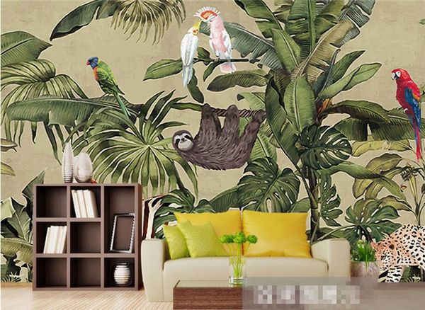 

Пользовательские обои ретро тропический тропический лес животных пальмовый лист гостиная ТВ фон стены декоративный фон фреска