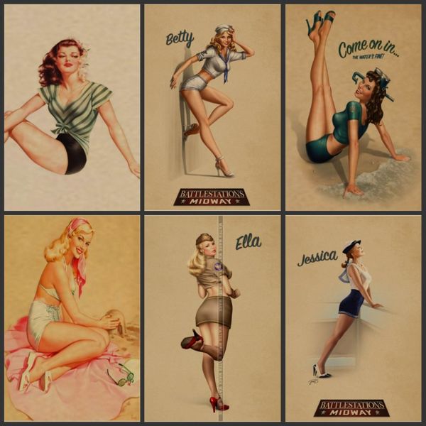 

retro poster world war ii pin up girl poster bar cafe home wall decor retro kraft wallpaper vintage poster2
