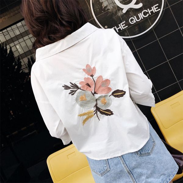 

office work wear women spring summer style chiffon blouses shirts lady embroidery half sleeve blusas with pocket dd1817, White
