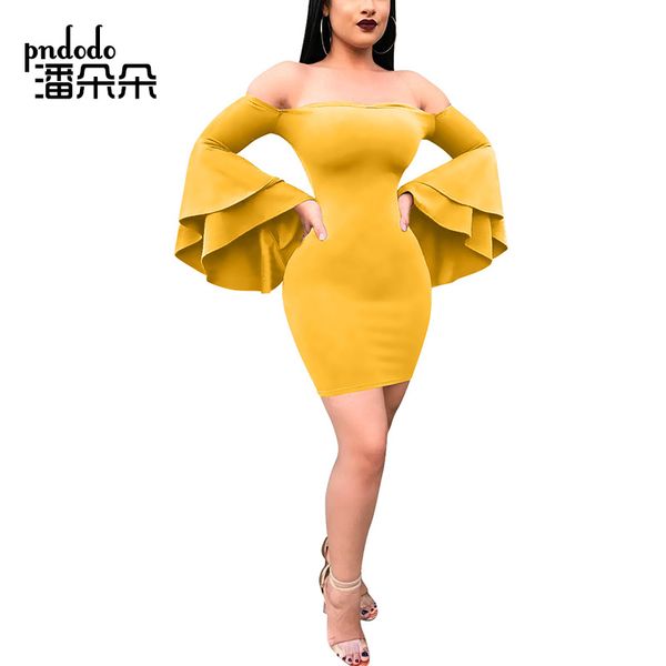 

pndodo new women off shoulder long flare sleeve dresses backless bodycon party club short mini dress slim slash neck dress, White;black