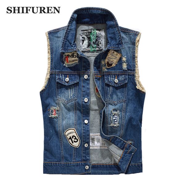 

shifuren ripped denim vest men fashion patch designs cowboy frayed jeans sleeveless jackets punk rock motorcycle waistcoat, Black;white