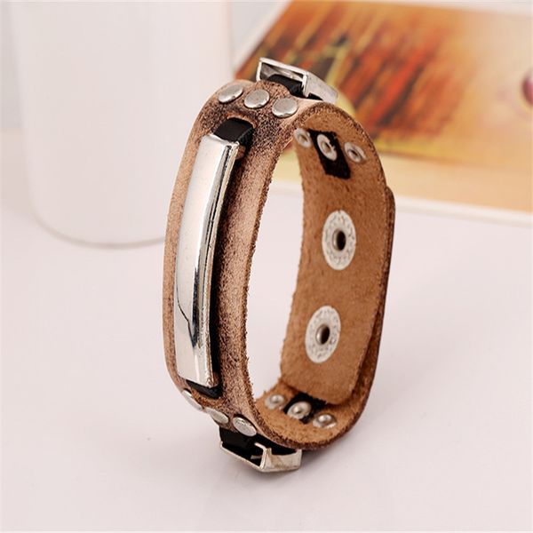 

2018 new fashion vintage vanguard alloy id leather bracelet men's punk brown wristband with snap fastener men's jewelry accessries, Black