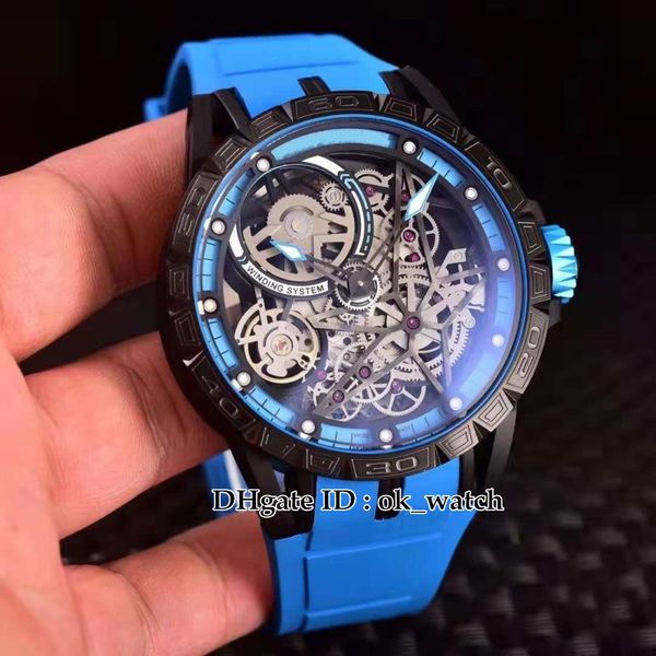 

new excalibur spider rddbex0696 mens japan miyota automatic watch skeleton dial tourbillon pvd black steel case blue rubber strap watches, Slivery;brown