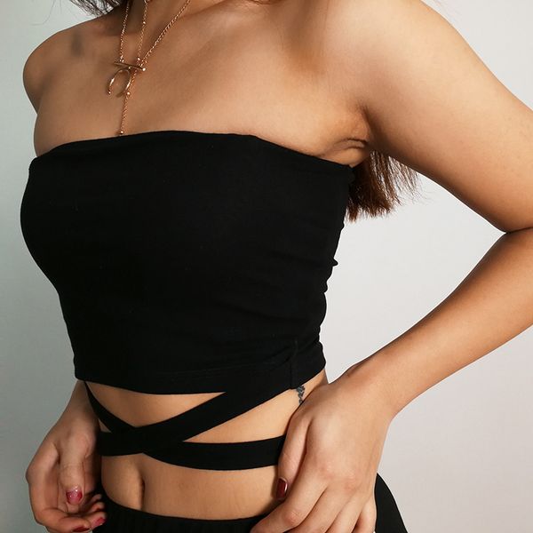 

2018 summer new style ribbed cotton black tube tanks crop women fashion camis waist self tie camisole wholesale cheap, White