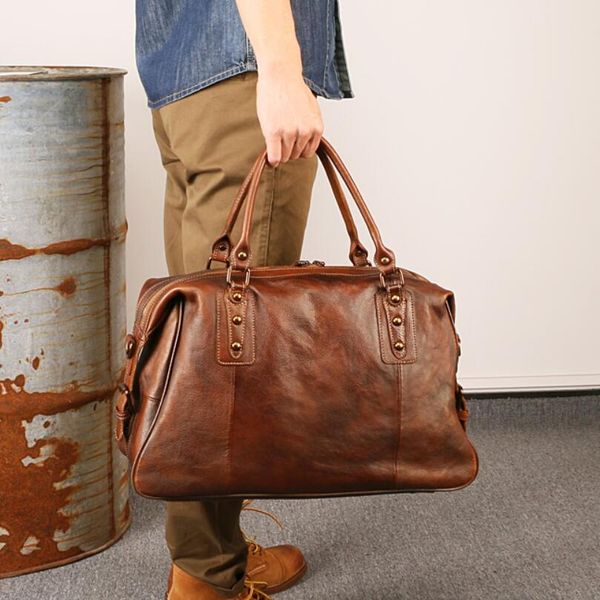 

genuine leather men travel bags overnight duffel bag large capacity business weekend tote shoulder crossbody purse brown handbag