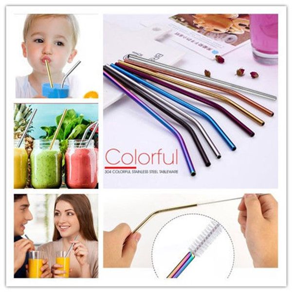 

Stainle teel drink traw 6 0 5 215mm reu able rainbow gold metal traight bend traw drink tea bar drinking traw bba342