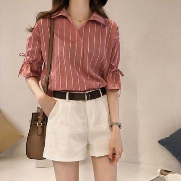 

women lace-up bow tie v-neck half sleeves shirt plus size 3xl office lady solid color blouse women casual cotton blends, White