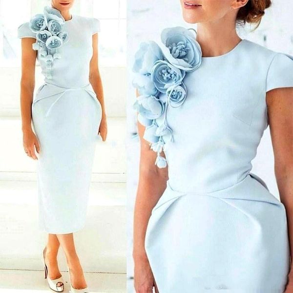 Hellblaue Cocktailkleider mit Flügelärmeln, gerüscht, 3D-Blumen, Teelänge, formelle Party-Abendkleider, Vestidos de Festa ba9210