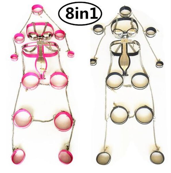 

5/8in1 stainless steel male chastity devices chastity belt +collar+bra+handcuff+arm ring+thigh rings with chain bondage kit g7-4-43