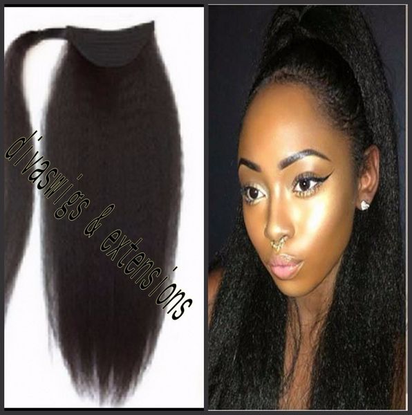 

new indian remy kinky straight ponytail coarse yaki italian yaki ponytail drawstring clip in human hair ponytails hairpiece, Black