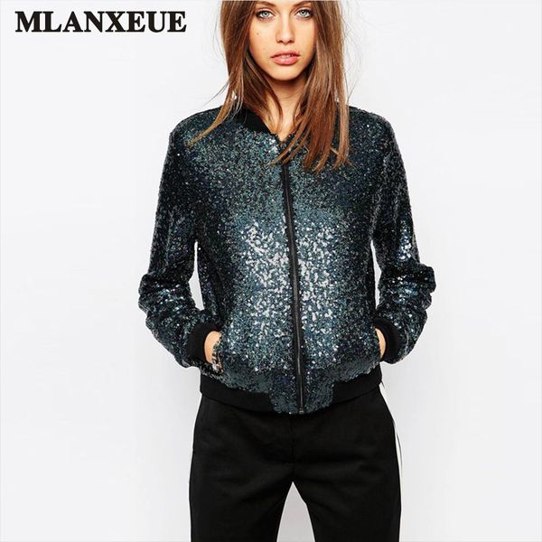 

autumn women sequin coat blue bomber jacket long sleeve zipper streetwear jacket preppy loose casual basic coat casaco feminino, Black;brown