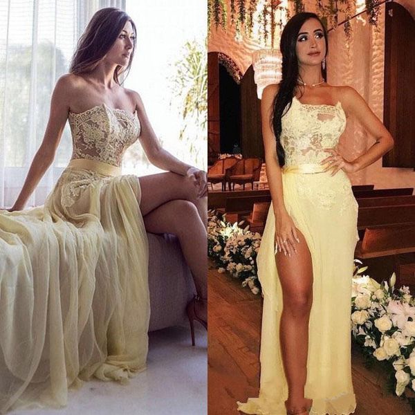 

2019 Light Yellow Strapless Lace Applique Prom Gowns Sleeveless Back Zipper Side Split Floor-Length Party Evening Dresses Gowns Custom Made, Black