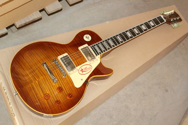 

factory custom electric guitar with flame maple veneer ,yellow binding around fretboard,can be customized