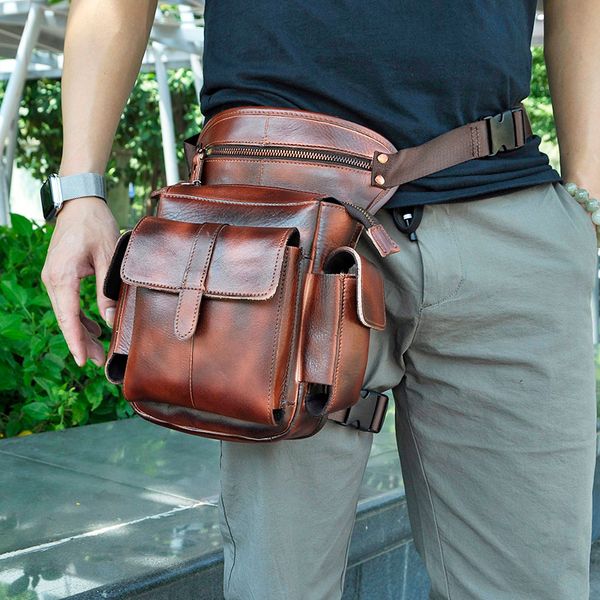 

quality leather men design casual 8" tablets satchel sling bag multifunction fashion travel waist belt pack leg bag male 913-5bu