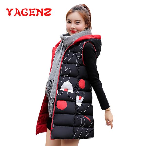 

yagenz print sleeveless coat long vest women hooded autumn winter clothes double-sided wear a warm female down cotton vest, Black;white