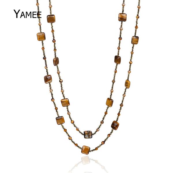 

tiger's eye gem stone bead pendant fashion sweater chain long necklace for women female brown square beads strand charm jewelry, Silver