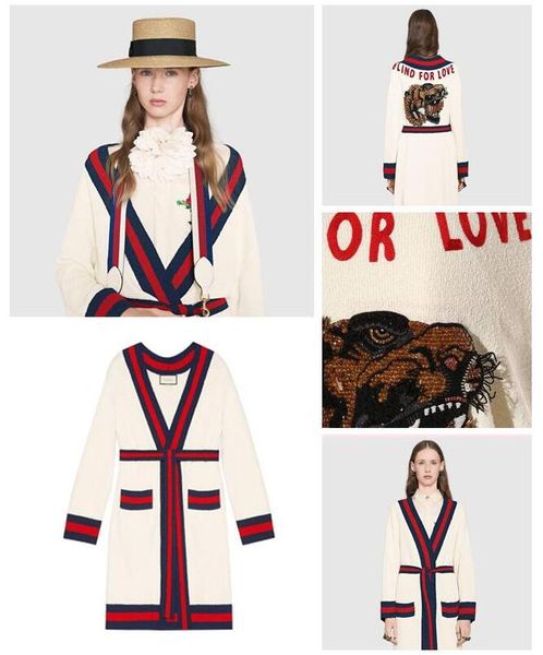 

hooded fleece jacket women cardigans knitted long sleeve embroidery tiger growl crew neck striped wool blend female harajuku, White;black