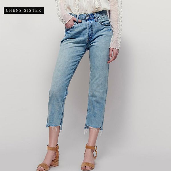 

chens sister] women's modern skinny jeans fashion high waist straight vintage denim jeans women's fringe boyfriend jean, Blue