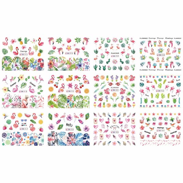 

12 packs / lot nail art beauty water decal slider nail sticker tropical plant palm flamingo bird cactus pine apple bn913-924, Black