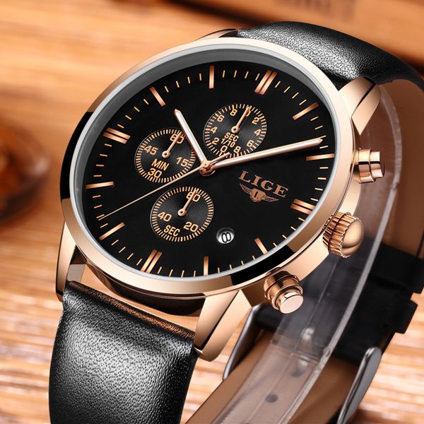

lige mens watches men waterproof sports watch mens leather quartz clock relogio masculino, Slivery;brown