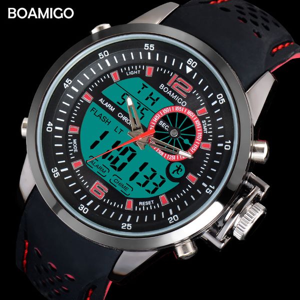 

men sport watches dual time digital watches rubber analog quartz watch boamigo brand red chronograph wristwatches reloj hombre, Slivery;brown