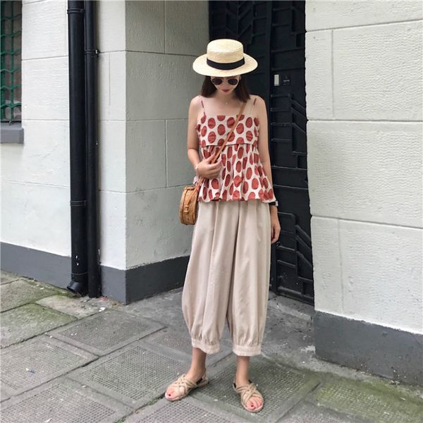 

kymakutu 2018 summer new women two pieces sets vintage big polka dot sling short +elastic waist loose lantern pants suit, White