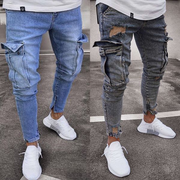 

men's fashion knee holes trousers men's distressed stretch ripped biker jeans men hip hop slim fit punk denim jeans cotton pants, Blue