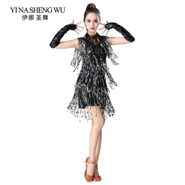 

latin dance clothes women sequin fringed latin dance stage performance competition dress salsa costume with glove necklace, Black;red