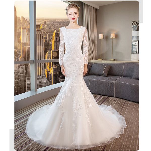 

long sleeves mermaid wedding dresses button covered back bridal gowns new court train bridal dress, White
