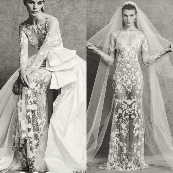 

Zuhair murad 2018 fall wedding dre illu ion heer bateau neckline lace applique bridal gown with atin detachable train
