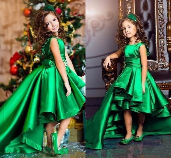 

2019 new chic green flower girls dresse jewel backless sleeveless high low stain peplum long train custom made wedding gown for girls, White;blue