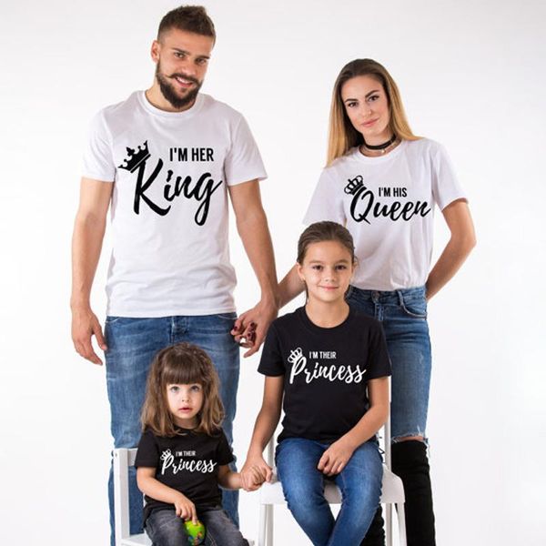 

2018 summer matching family clothes casual solid short sleeve cotton t-shirt king queen couples t-shirt crown printed funny, White;black